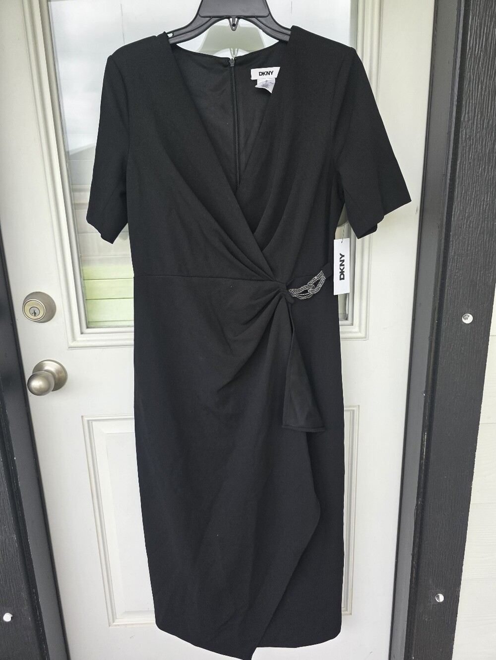DKNY Black Wrap Dress Size 2 Short Sleeve Midi Sheath Cocktail Work NWT